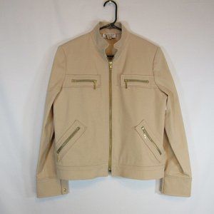 St. John Beige Tan Cotton Stretch Zip Up Moto Jacket Coat